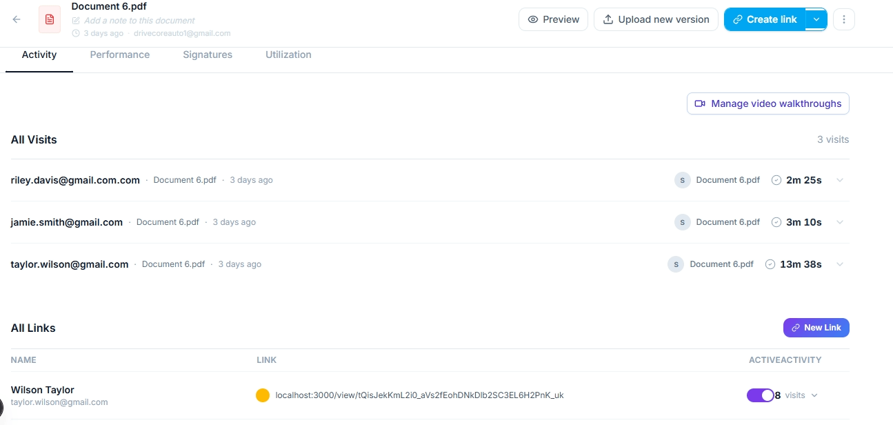 Visitor identity and document engagement profile in DocMetrics